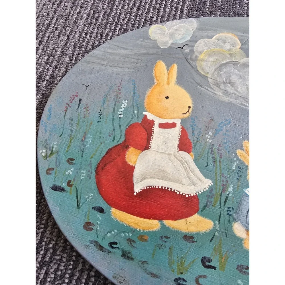Vintage Hand Painted Wood Plaque Bunny Rabbit Family Folk Art Beatrix Potter